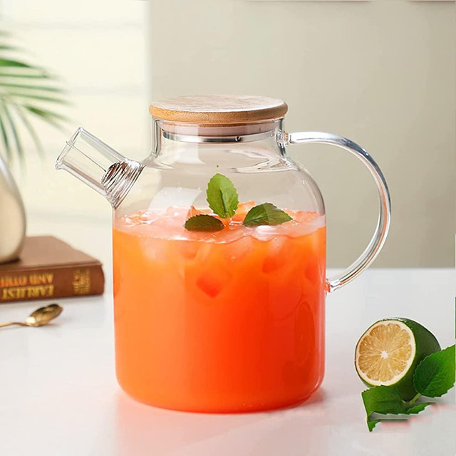 Glass Teapot, Stovetop & Microwave Safe Glass Borosilicate Teapot, Glass Teapot with Strainer, Glass Pot with Wooden Lid, Loose Leaf and Fruit Tea and Fragrant Tea,60.8oz/1800ml (Wooden Lid)