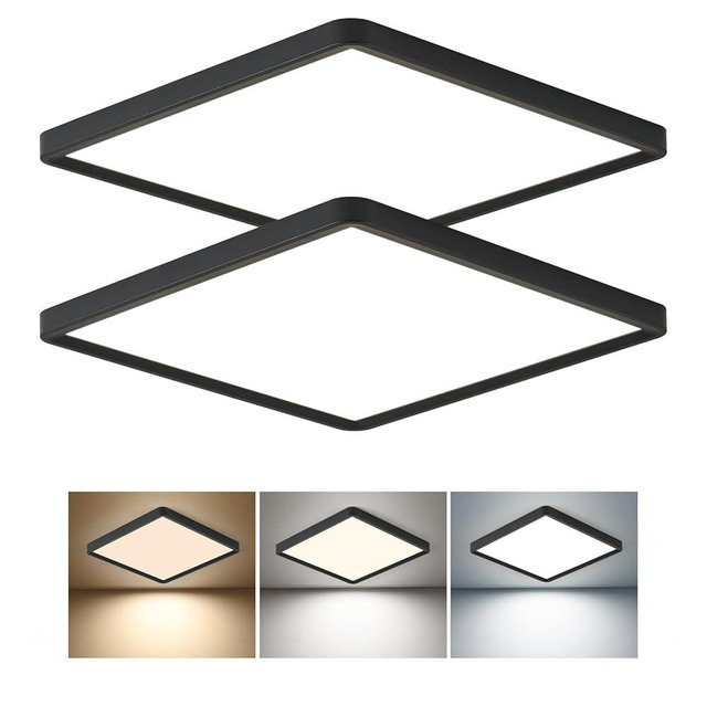12 Inch Square LED Flush Mount Ceiling Light, 30W, 3000LM, Selectable 3000K/4000K/6000K CCT, Flat Panel Ceiling Light Fixture for Bedroom, Kitchen, Living Room (2PK-Black)