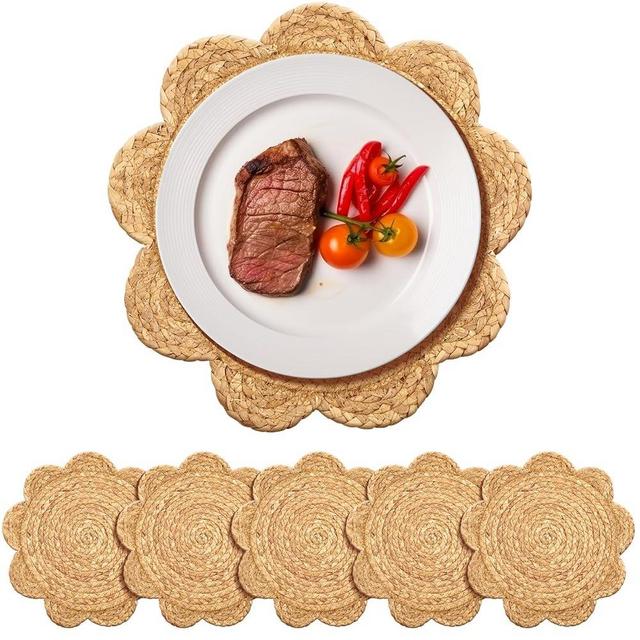 Gandeer 6 Set 12 Inch Round Woven Rattan Placemats Plate Chargers, Scalloped Edge Rattan Place Mats, Boho Farmhouse Braided Straw Table Mats for House Warming Gifts Dining Table Decor, Party, Events