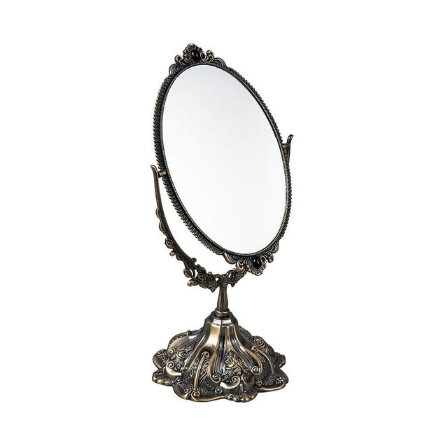 Feyarl 11.2 inch Metal Vintage Makeup Mirror Floral Tabletop Oval Vanity Swivel Double Sided Mirror with Stand Elegant Decorative for Dressing Room Bedroom (Bronze)