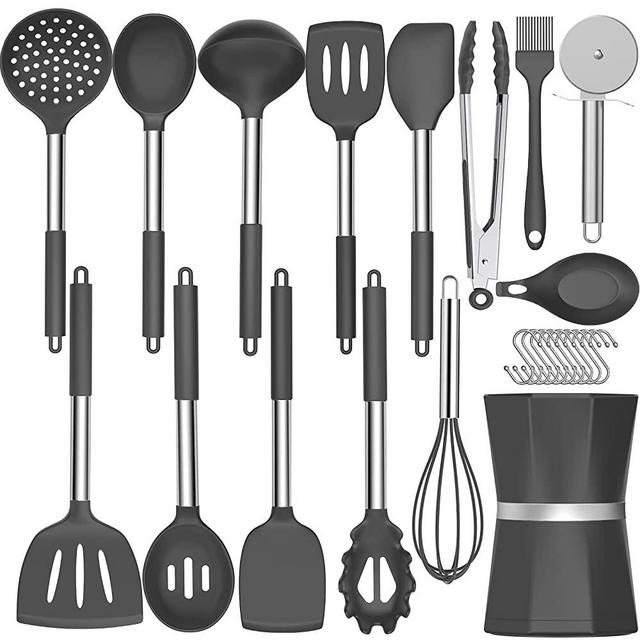 26 pcs Kitchen Cooking Utensil Set, Umite Chef Silicone Kitchen Utensils with Stainless Steel Handle, Heat Resistant Kitchen Spatula Set for Non-stick Cookware, Best Kitchen Gadget Tools Set - Grey