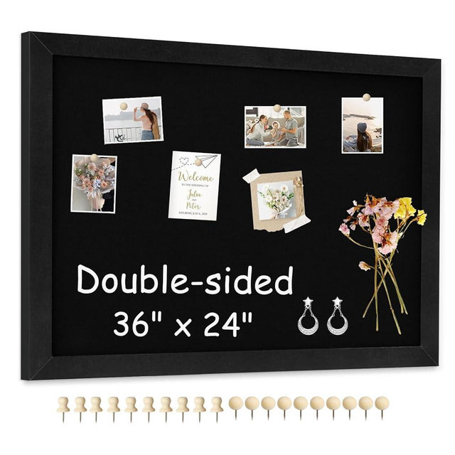 AMUSIGHT Double-Sided Black Cork Board with Linen, 36" x 24" Hanging Wood Framed Large Bulletin Board, Picture Display Vision Board Kit Corkboards for Wall Room School Office Decor, 20 Pushpins