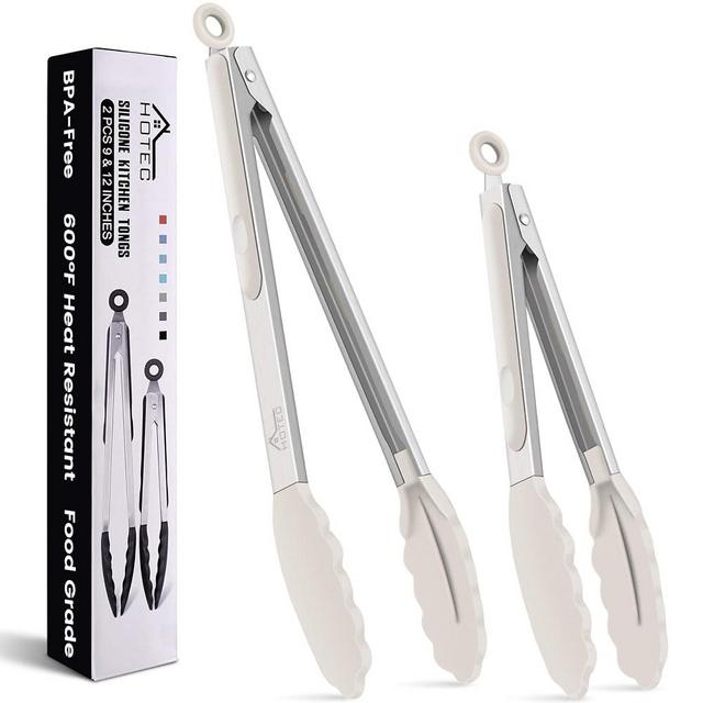 HOTEC Premium Stainless Steel Locking Kitchen Tongs with Silicon Tips, Set of 2-9" and 12",Khaki