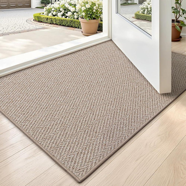 LUMI Ultra Thin Indoor Door Mat for Entrance 17"x30", Non Slip Entryway Mat, Low Profile Doormat, Unique Herringbone Design Carpet for Inside, Patio, Porch, Dark Beige