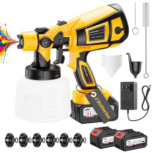 Cordless Paint Sprayer with 650W Powerful Copper Motor, Sprayer Paint Gun with 6 Brass Nozzles, 2 Batteries & 1000ml (34oz) Container, Electric Paint Sprayer for House Painting Graffiti Fence Wall