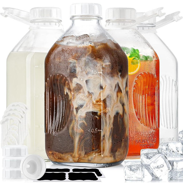 1/2 Gal Heavy Duty Glass Milk Bottle with Strong REUSABLE AIRTIGHT SCREW Lid - 2 Qt Glass Water Bottles - Glass Bottles with 8 Lids AND 8 Handles! - Glass Milk Jug Pitcher with 2 Exact Scale Lines