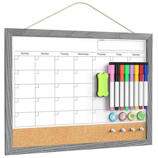 Calendar Whiteboard for Wall, 17x13 Inches Dry Erase Calendar Cork Board Combo, Magnetic Monthly White Board with Wood Framed, Hanging Dry Erase Board for Home Kitchen Office Planner Memo