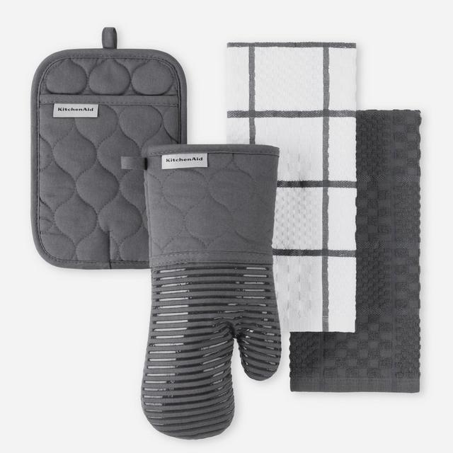 KitchenAid Onion Quilt Kitchen Towel, Oven Mitt & Potholder 4-Pack Set, Charcoal Grey, 16"x26", 7"x13" & 7"x10"