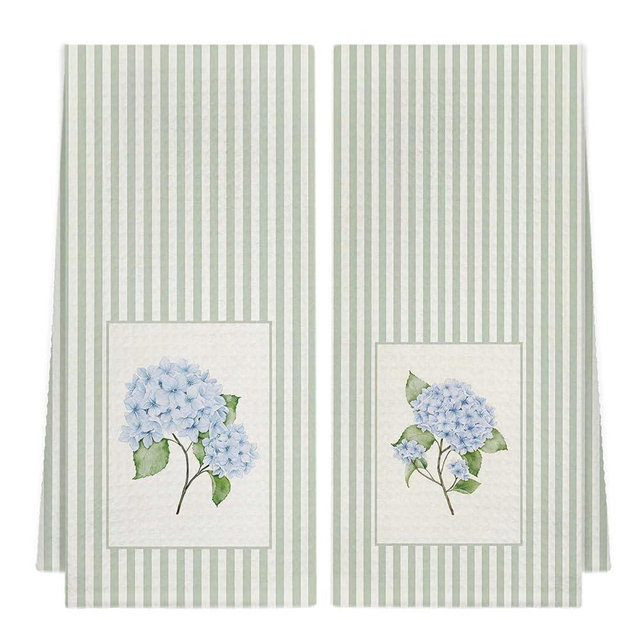 SAFDSGFDB Blue Hydrangea Floral Kitchen Towels, Cottagecore Hydrangea Flower Botanical Sage Green Striped Decorative Dish Tea Hand Towels for Kitchen Bathroom, 16x24 Inch Set of 2