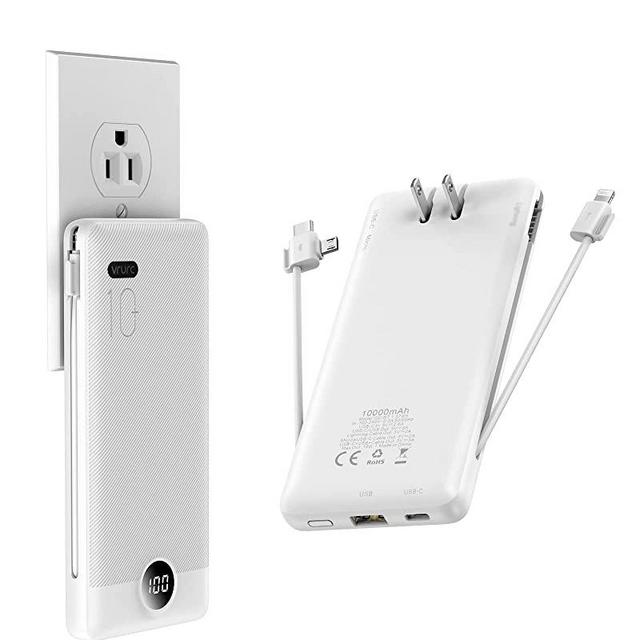 Portable Battery Charger Built-in Cable,10000mAh Type C Power Bank,VRURC Fast Charging Wall Plug USB Battery Pack, LED Display External Battery Pack Compatible with iPhone, Samsung Smart Devices-White
