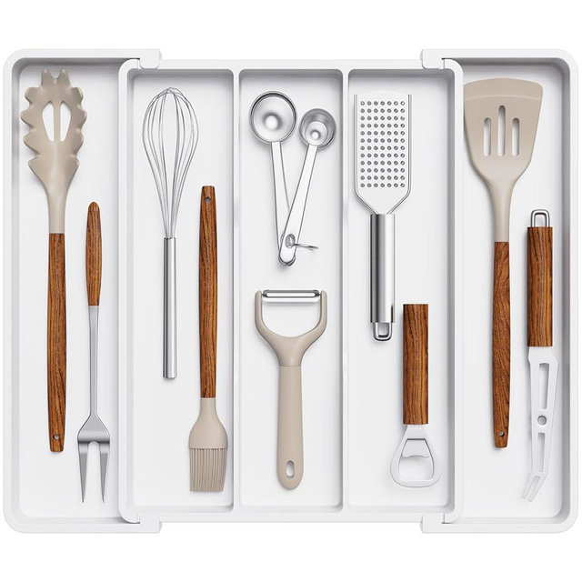 Lifewit Utensil Organizer for Kitchen Drawers, Expandable Cooking Utensil Tray, Adjustable Cutlery Silverware Flatware Holder, Plastic Spatula Tools Storage Divider, 11-18 x 14", White