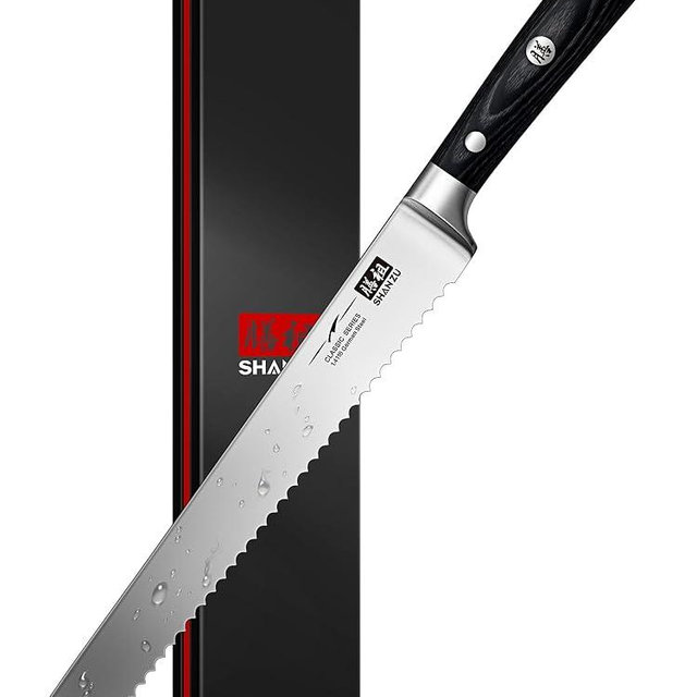 SHAN ZU 10" Bread Knife - Sourdough Slicing Knife Professional German 1.4116 Stainless Steel Serrated Blade, Ergonomic Wood Handle & Full Tang Design, Gift Box Included (Single-Edge