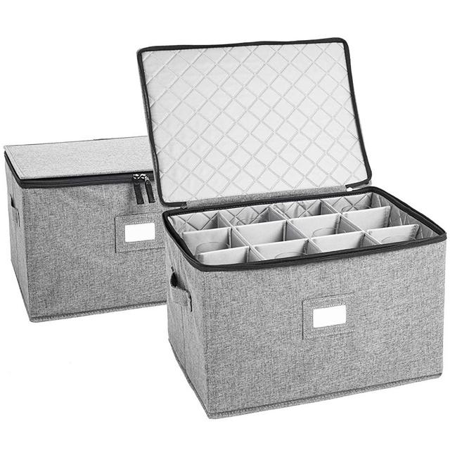 Wine Glass Storage, Holds 12 Red or White Wine Glasses, Fully-Padded Inside with Hard Top and Sides (Grey - Set of 2)