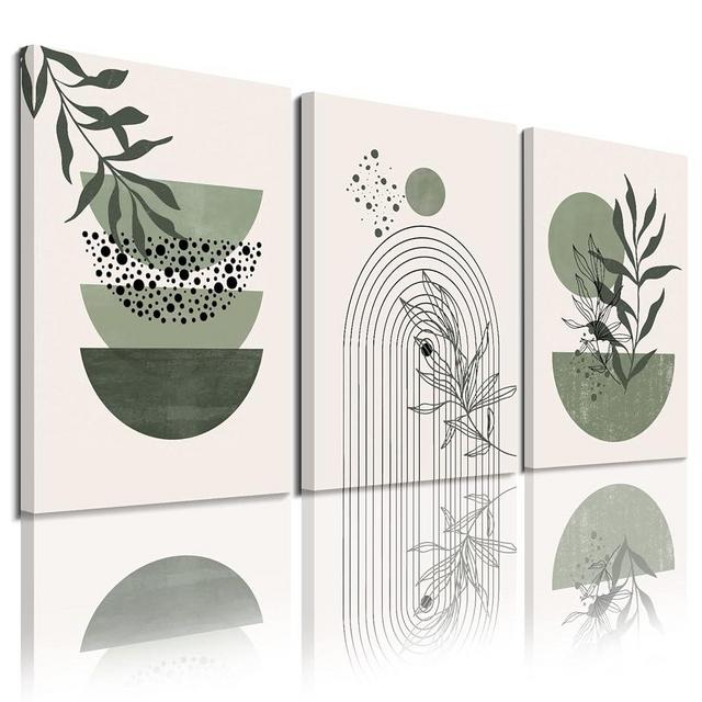 Sage Green Wall Posters & Prints, Green Boho Wall Art Set of 3, Minimalist Framed Wall Art Geometric Line Leaf Sun Moon Beige Green Canvas Artwork Paintings