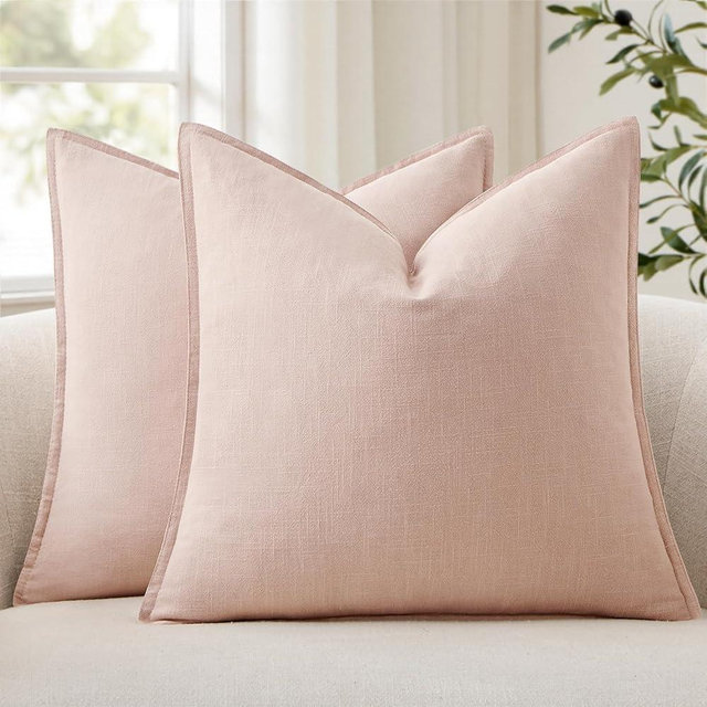 ANRODUO Pack of 2 Decorative Linen Pillow Covers Light Pink Neutral Farmhouse Boho Soild Cushion Case Soft Accent Pillowcase for Couch Sofa Bedroom Living Room Summer Home Decor 20 x 20 Inch