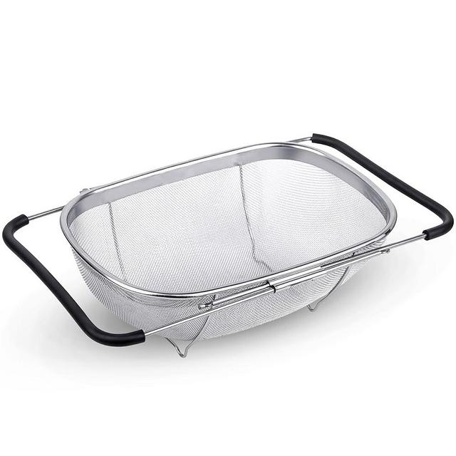 Alpine Cuisine Stainless Steel Over the Sink Colander Strainer 14x9.5 In with Expandable Handle Food Preparation | Space-Saving Kitchen Tools for Pasta Vegetables Fruits Cooking | Easy to Clean & Use
