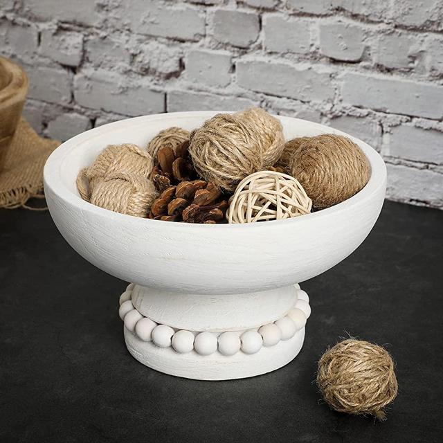 Distressed Beaded Wood Pedestal Bowl Decorative Wooden Beaded Bowl White Wood Pedestal Bowl Beaded Serving Bowl for Farmhouse Kitchen Decor