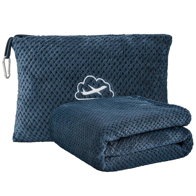 BEDELITE Travel Blanket Airplane Compact with Bag, Portable and Packable Jacquard Travel Pillow and Blanket Set, Airplane Blanket Travel Essentials with Luggage Sleeve & Backpack Clip, Navy Blue