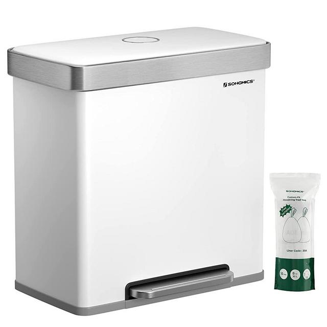 SONGMICS Kitchen Trash Can, 16 Gallon (2 x 8 Gallon) Dual Compartment Garbage Can, 60L Pedal Recycling Bin, Stay-Open Lid and Soft Closure, Stainless Steel, 15 Trash Bags Included, White