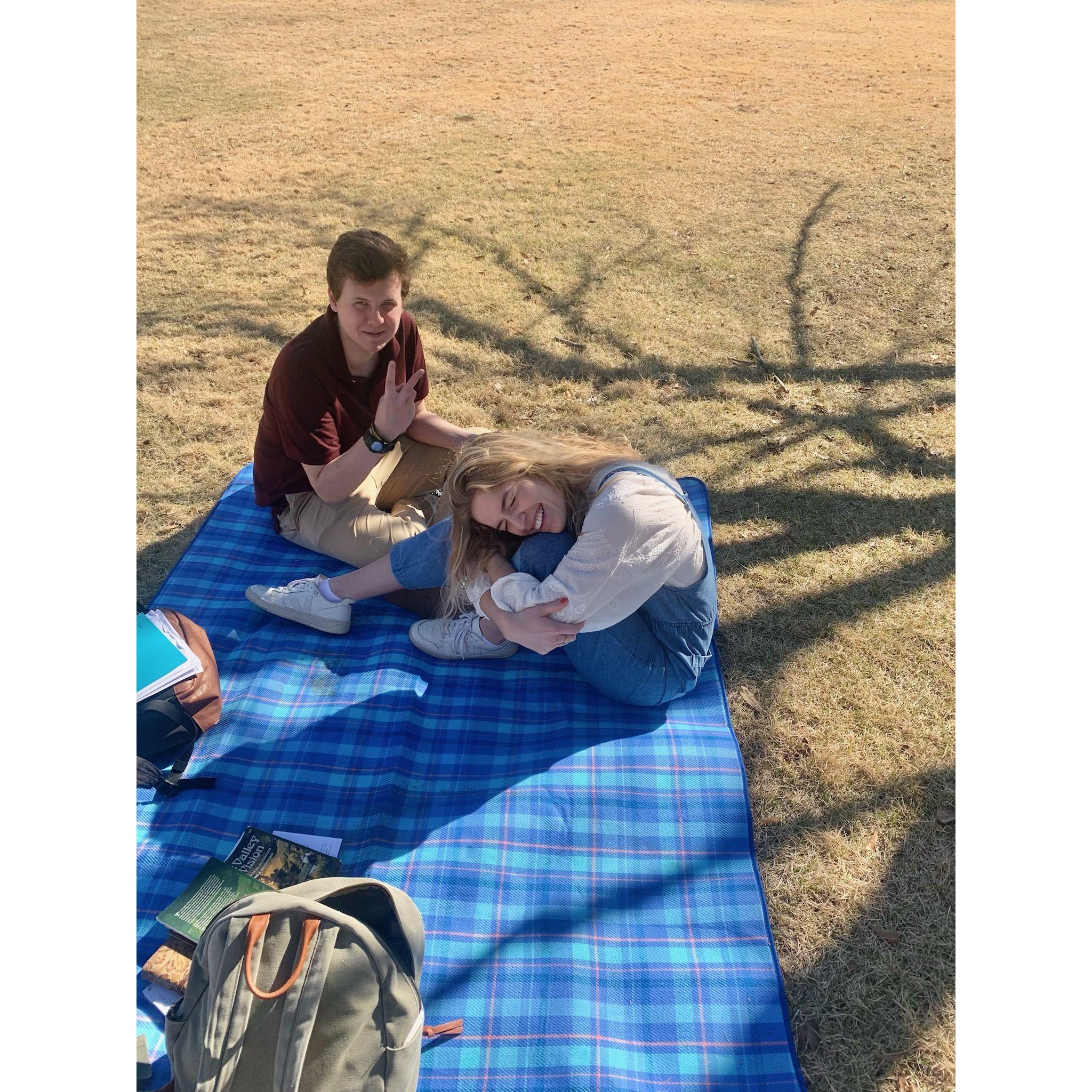 A happy homework spot on the Samford quad. March 2022