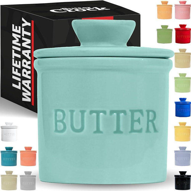 PriorityChef Butter Crock with Lid, On Demand Spreadable Butter, French Butter Keeper to Leave On Counter with Water Line, Ceramic French Butter Dish, Cool Green