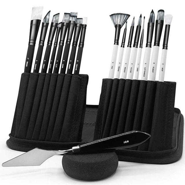 IRO Artist Paint Brush Set of 15 Professional Flat and Round Assorted Paint Brushes Best for Acrylic, Watercolor, Gouache, Oil, Face Body Painting. Knife, Sponge and Case for Adults Kids