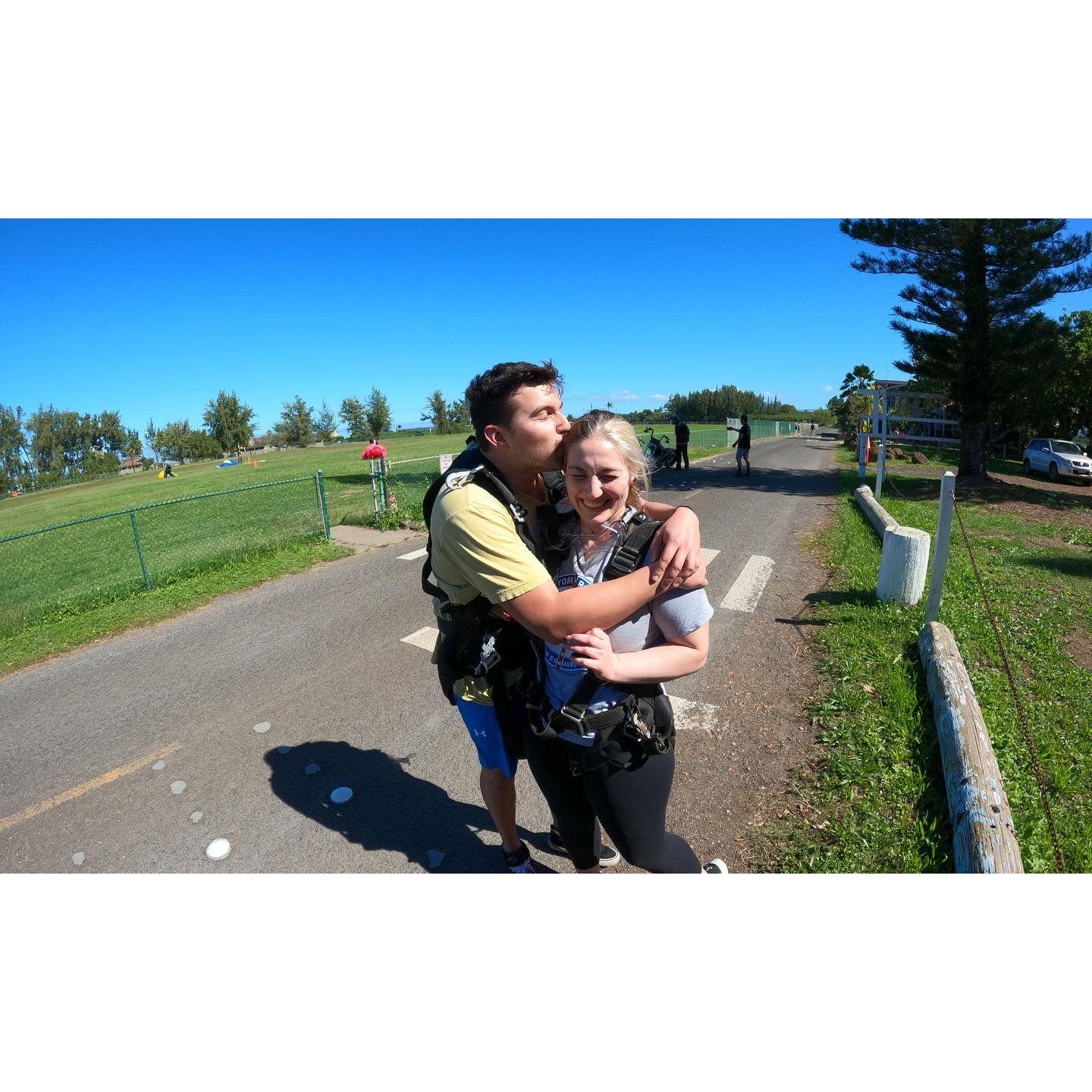 After jumping out of a plane. Happy to be on the ground. 100% recommend, 98% will not do again. Hawaii, 2023.