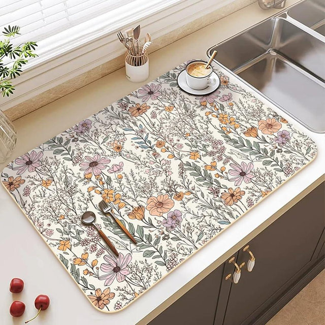Premium Dish Drying Mat - Coffee Bar Matt & Drainer Rack for Kitchen Counter Decor, Housewarming Hostess Gift for Coffee Lovers, Super Absorbent Mat, 18" x 24" (Bloom Magic, 18'' * 24'')