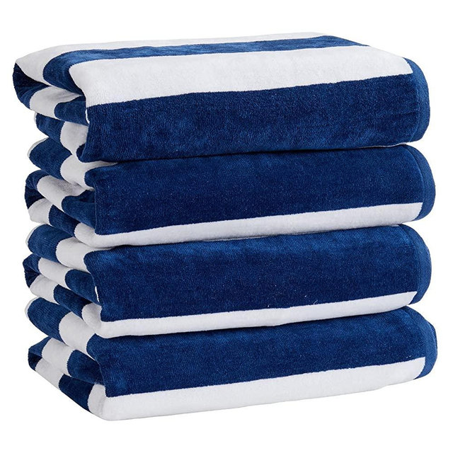 100% Cotton Velour Cabana Stripe Beach Towel Set 30" x 60" - Ultra Soft, Plush, & Highly Absorbent Towels for Pool, Beach, & Swimming. Marina Collection (4-Pack, Navy)
