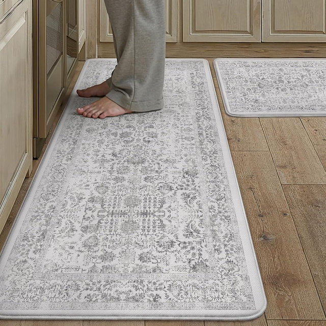 PureCozy Kitchen Mats 2PCS Anti Fatigue Cushioned Mat Black Vintage Kitchen Mats for Floor Waterproof Non Slip Comfort Standing Retro Floral Rug for Sink Laundry Office 17.3"x47"+17.3"x30"