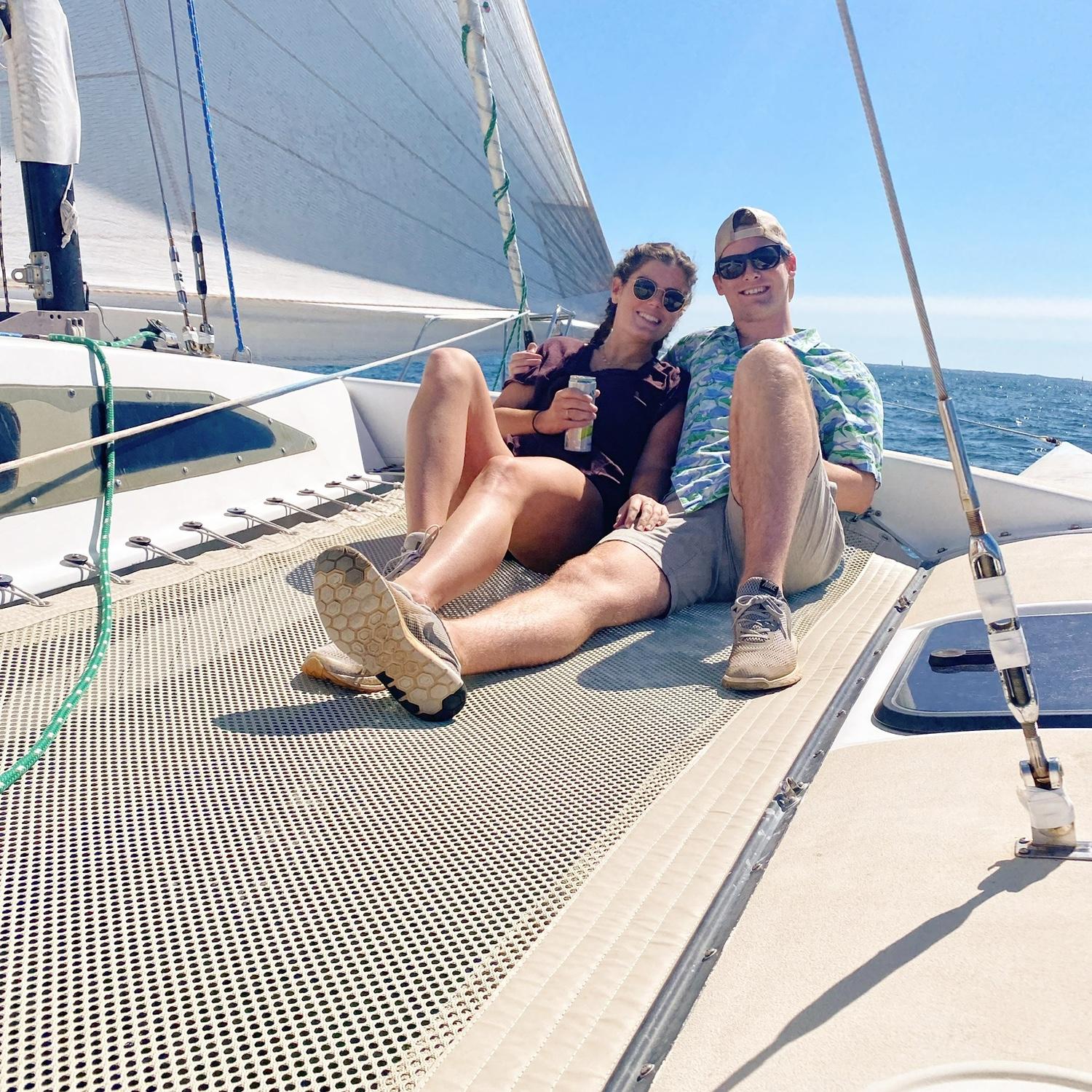 On a sail boat while visiting Matt's family in Boston! 2021