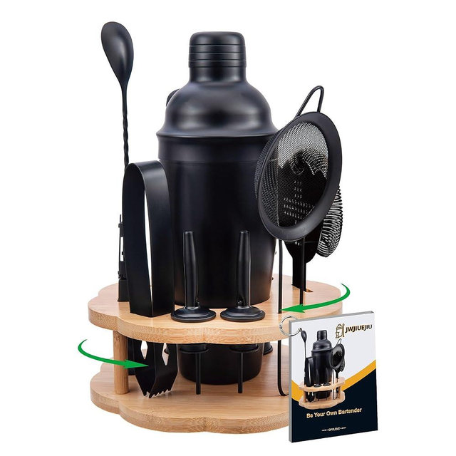 JWJIUEJIU Cocktail Shaker Set Bartender Kit with Rotating Bamboo Stand,11 Piece Bar Set Stainless Steel Bar Tools Set with Recipes Booklet (Frosted Black)