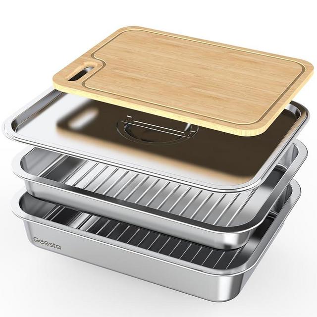 Geesta Grilling Prep and Serve Tays, Stainless Steel Large Capacity Food Prep Tray, Grill Carry System, Marinade Container with Lid and Cutting Board,BBQ Grill Accessories, Grilling Gifts for Men