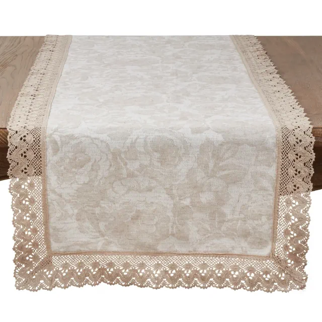 Saro Lifestyle Table Runner With Jacquard Lace Trim Design, Natural, 16" x 54"