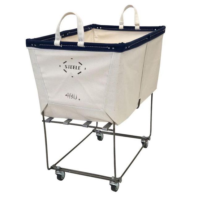 Medium Elevated Canvas Laundry Basket with Wheels, Natural/Navy
