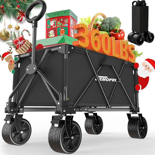 Collapsible Wagon Cart Foldable, 360LBS Heavy Duty Folding Beach Wagon with Wheels, Portable Shopping Cart for Groceries, Folding Utility Wagon for Grocery, Camping, Shopping, Sports, Garden
