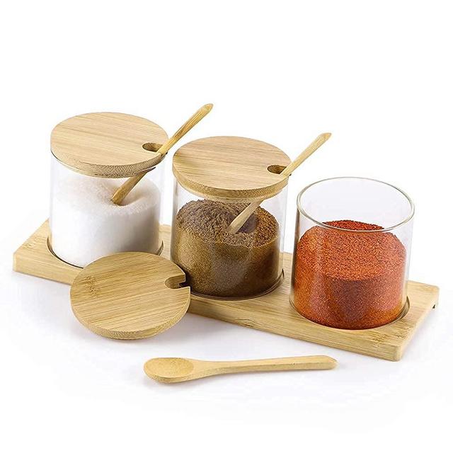 MDLUU Condiment Jars with Bamboo Lids and Spoons, Seasoning Box Set with Bamboo Tray, Spice Containers for Sugar, Salt, Pepper, 300ml/10oz, Pack of 3