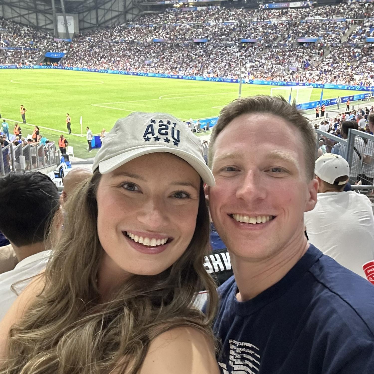O & K checking another item off their bucket list attending the France vs. USA mens ’football’ match during the Paris Summer Olympics. The USA sadly lost.