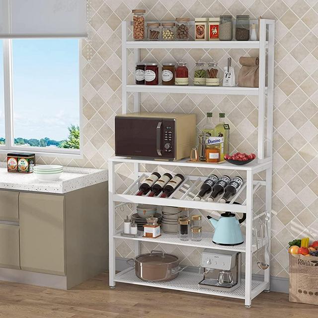 TIYASE 6-Tier Kitchen Baker’s Rack with Storage and Wine Rack, Industrial Microwave Cart Kitchen Stand with Hutch, 6 Hooks, Free Standing Kitchen Utility Storage Shelf Rack Organizer (White)