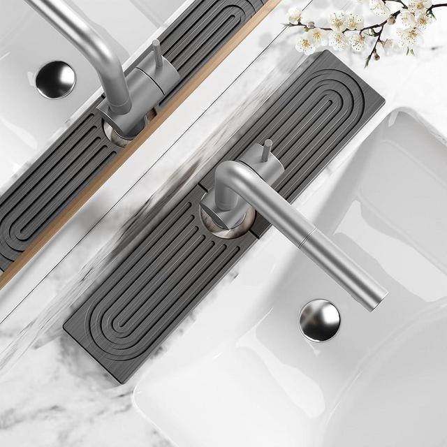 MAGKOTA Stone Faucet Mat for Kitchen Sink - Quick Dry Diatomite Sink Splash Guard, Prevents Moisture Buildup & Water Stains, Water Absorbing Stone Tray for Bathroom Countertop (Dark Gray, 20" x 4")