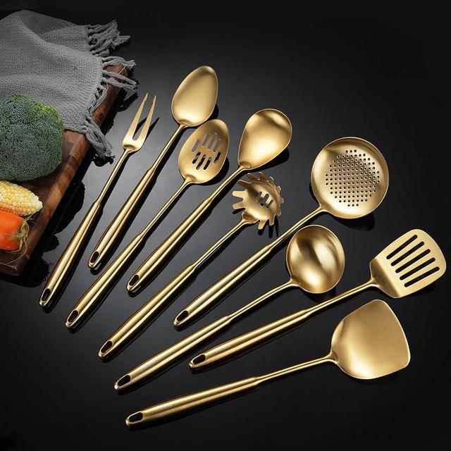 NIITAWH Stainless Steel Kitchen Utensils Gold, 9 PCS All Metal Cooking Utensils Set with Solid Spoon, Slotted Spoon, Fork, Spatula, Ladle, Skimmer, Slotted Tunner, Spaghetti Spoon, Large Spoon 14 Inch