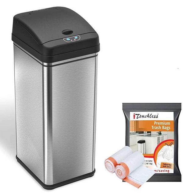 iTouchless 13 Gallon Automatic Trash Can with 10 Trash Bags, Stainless Steel, Big Lid Opening Touchless Sensor Kitchen Garbage Bin