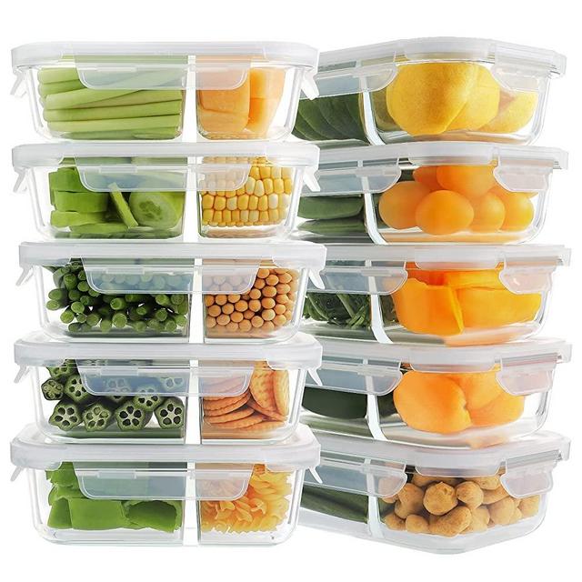 HOMBERKING 10 Pack Glass Meal Prep Containers 2 Compartment, Glass Food Storage Containers with Lids, Airtight Glass Lunch Bento Boxes, BPA-Free & Leak Proof (10 lids & 10 Containers) - White