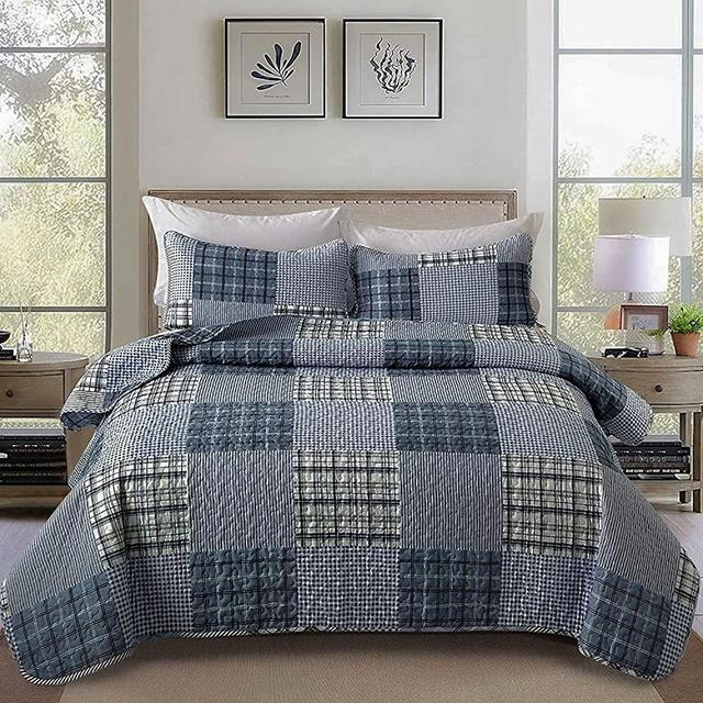 Dark Blue Quilt Set Queen, Patchwork Bedspread with 2 Pillow Shames, 3 Pieces Country Plaid Coverlet Set Soft Microfiber Bedding Quilted Set for All Seasons Queen(90”x90”)