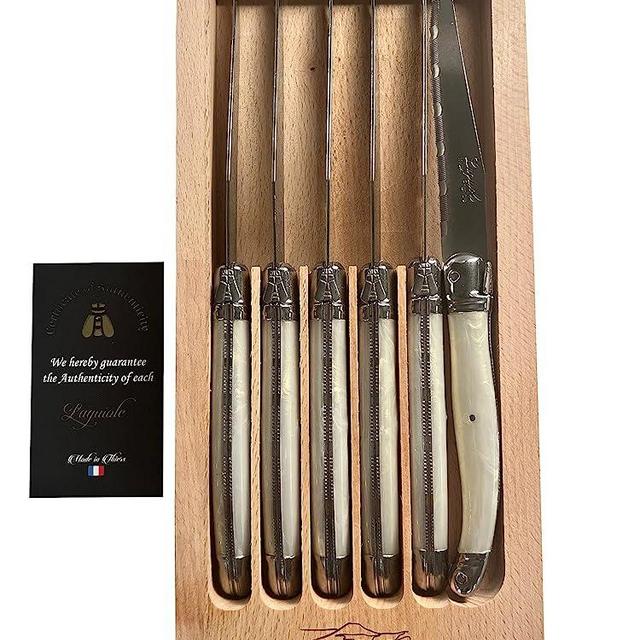 Laguiole Serrated Edge Sharp Premium Dishwasher Safe Full Tang Double Plated Stainless Steel 6-Piece Steak Knife Set, Shiny Cream Handle by Clermont Coutellerie