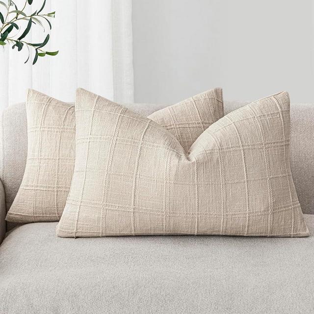 Foindtower Set of 2 Decorative Linen Check Throw Pillow Covers Neutral Farmhouse Lumbar Cushion Covers Modern Boho Home Decor for Sofa Chair Couch Bedroom Living Room Outdoor,12×20 Inch,Natural Beige