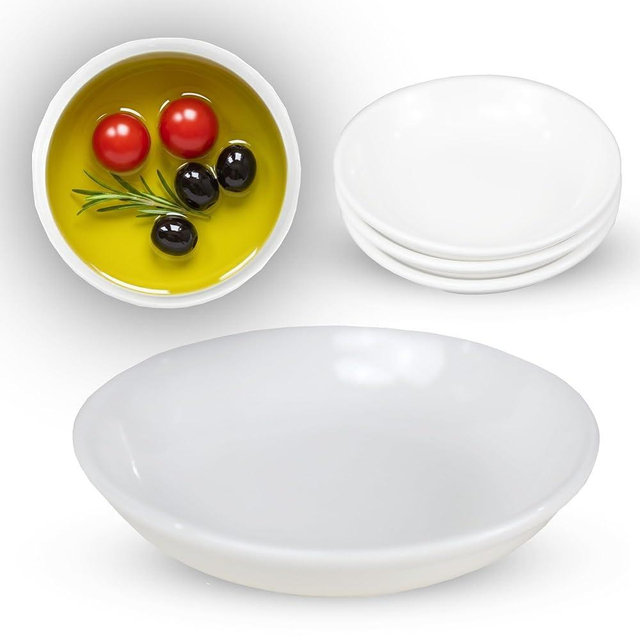 Iconikal 4-Pack Round White Ceramic Dipping Oil Dishes or Planter Saucers, 4-Inch Diameter - Versatile for Sauces, Succulents & Coasters