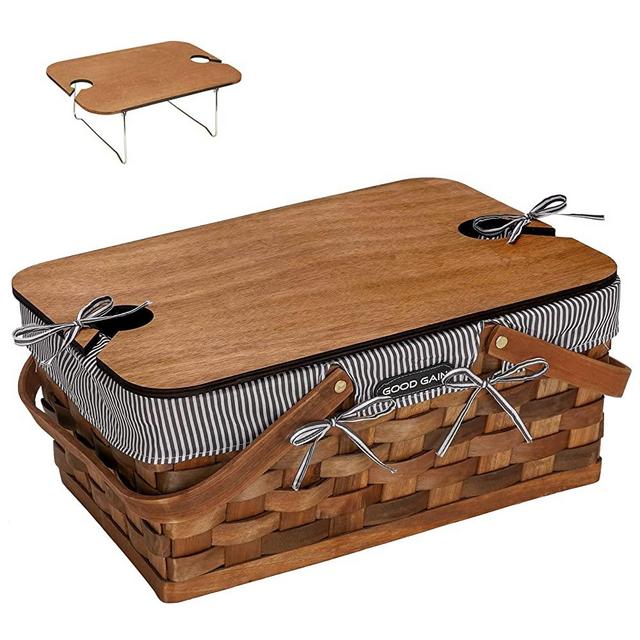 Woodchip Picnic Basket with Portable Wine Table, Woven Basket with 2 Swing Handles & Removable Lining, Empty Large Basket for Picnic, Outdoor, Camping, Family, Party, Wedding Gifts for Couple. Grey