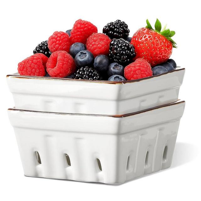 ONEMORE Ceramic Berry Basket Square Fruit Bowls with Holes Berry Bowl Colander Fruit Basket for Kitchen Décor - 5.8" Berry Containers for Fridge, Set of 2, Cream White
