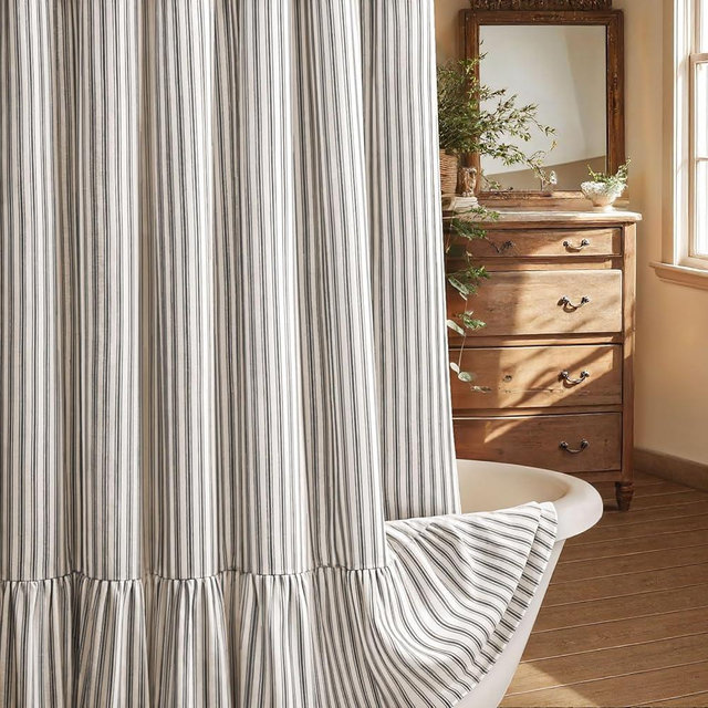 XOGUIBO Farmhouse Shower Curtain with Ruffle Hem Linen Shower Curtains for Bathroom Country Vintage Rustic Natural Fabric, Cream-Black Stripe 72" W x 72" L
